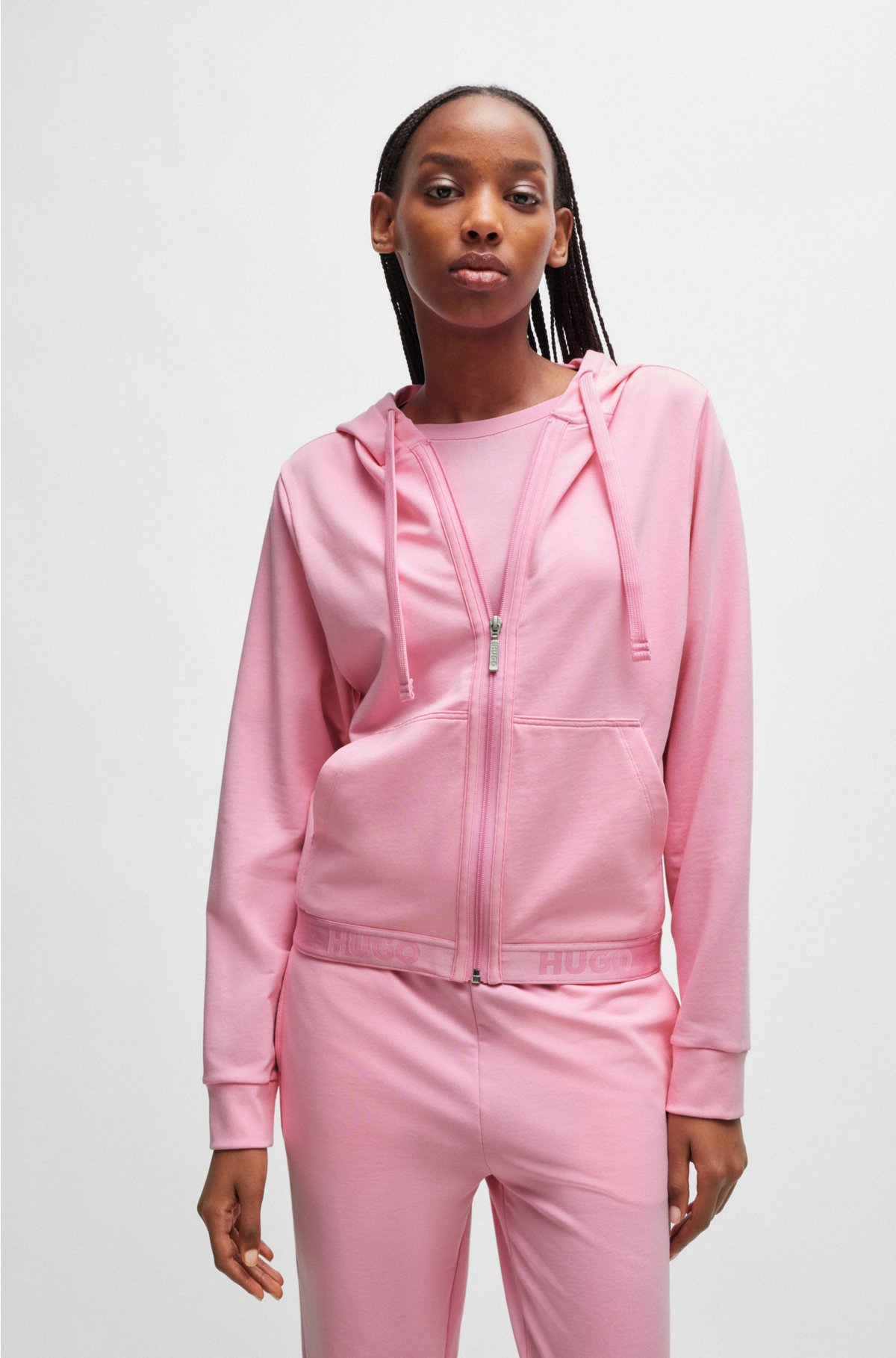 Cotton-blend zip-up hoodie with logo waistband, light pink