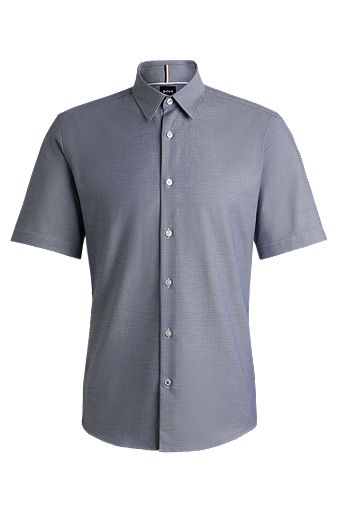 Regular-fit shirt in easy-iron structured stretch cotton, Dark Blue