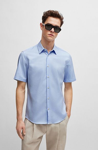 Regular-fit shirt in easy-iron structured stretch cotton, Light Blue