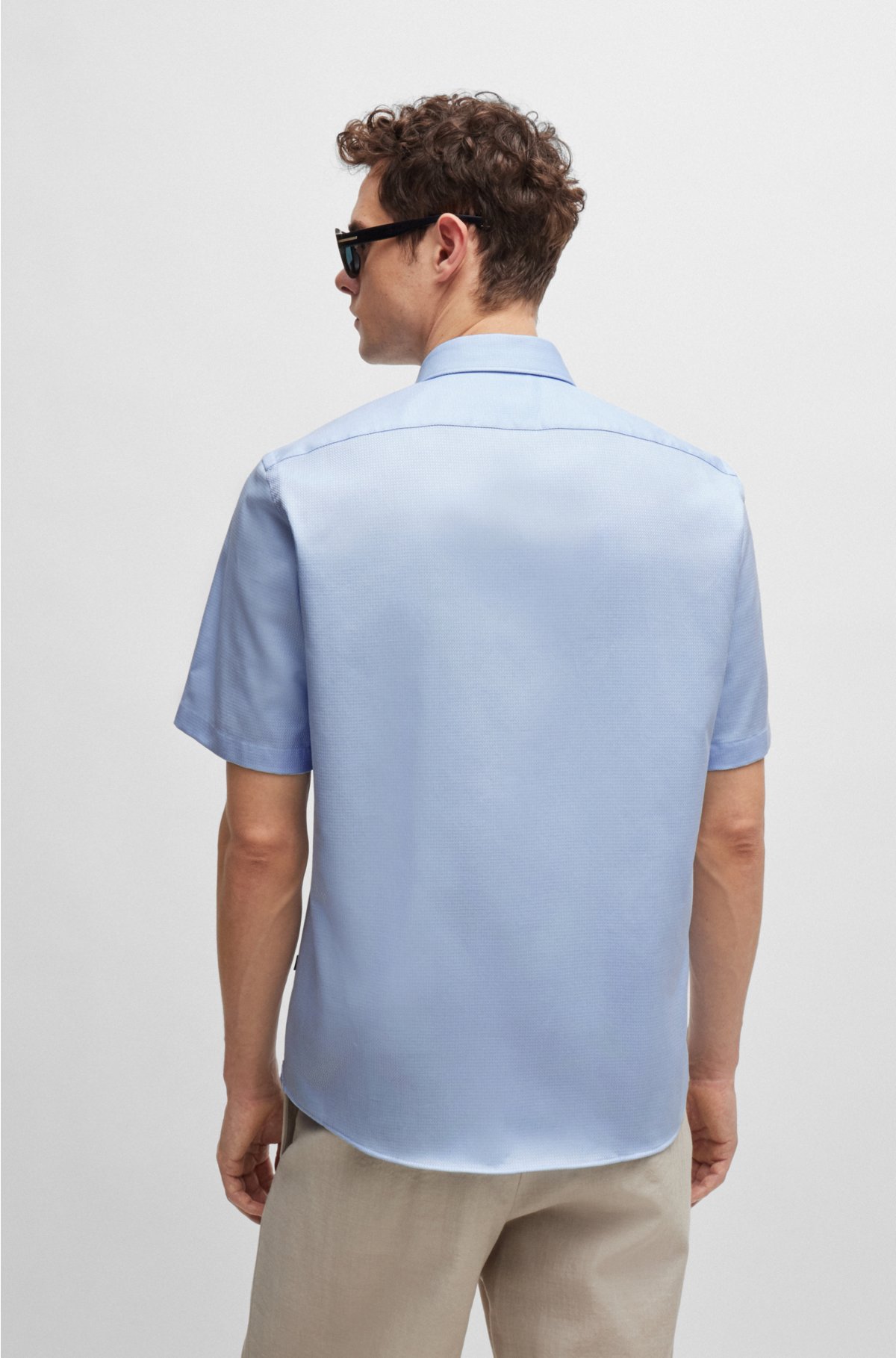 Regular-fit shirt in easy-iron structured stretch cotton, Light Blue