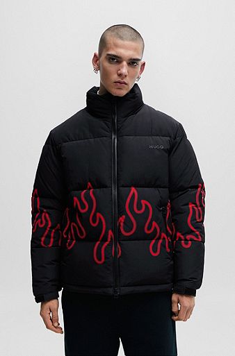Водоотталкивающая стеганая куртка с принтом в виде пламени, Черный