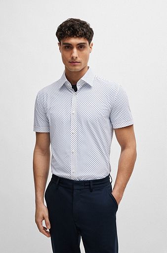 Slim-fit overhemd van hoogwaardig stretchmateriaal met print, Wit