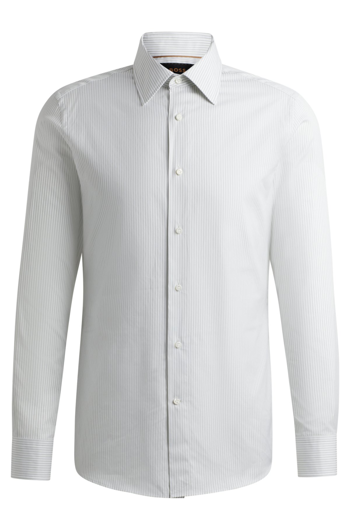 Slim-fit shirt in striped cotton, Light Green