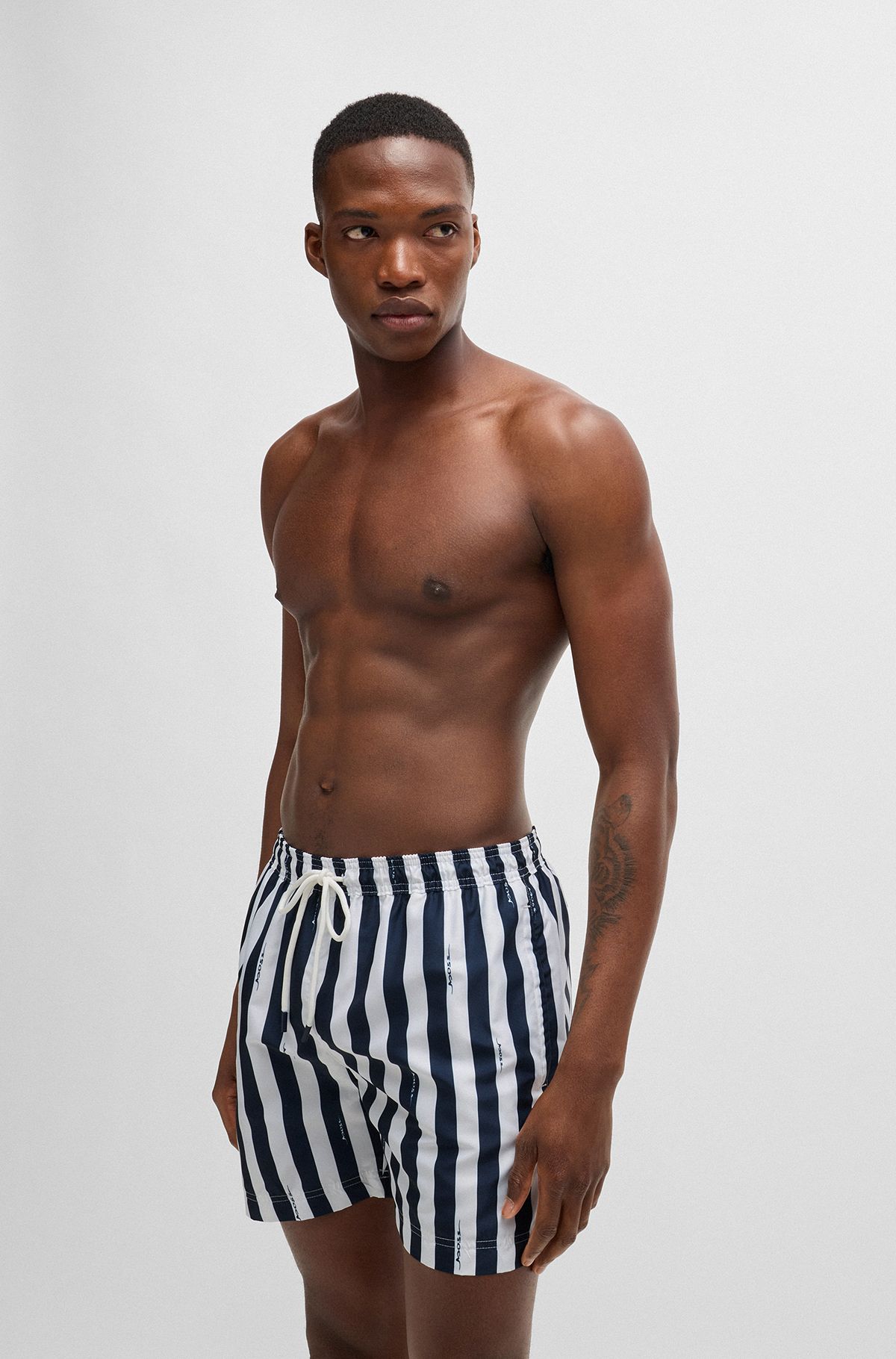Striped quick-dry swim shorts with handwritten logos, Dark Blue
