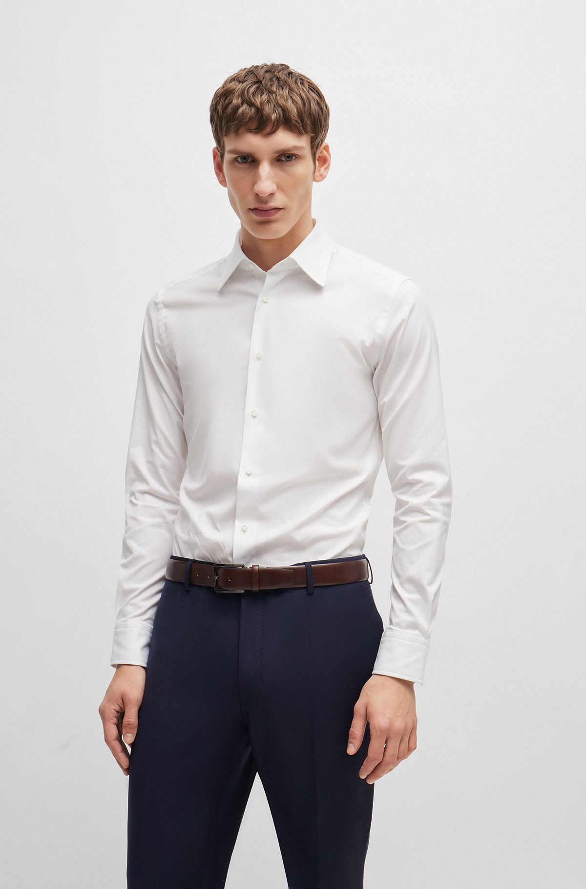 Slim-fit shirt in micro-structured stretch cotton, White