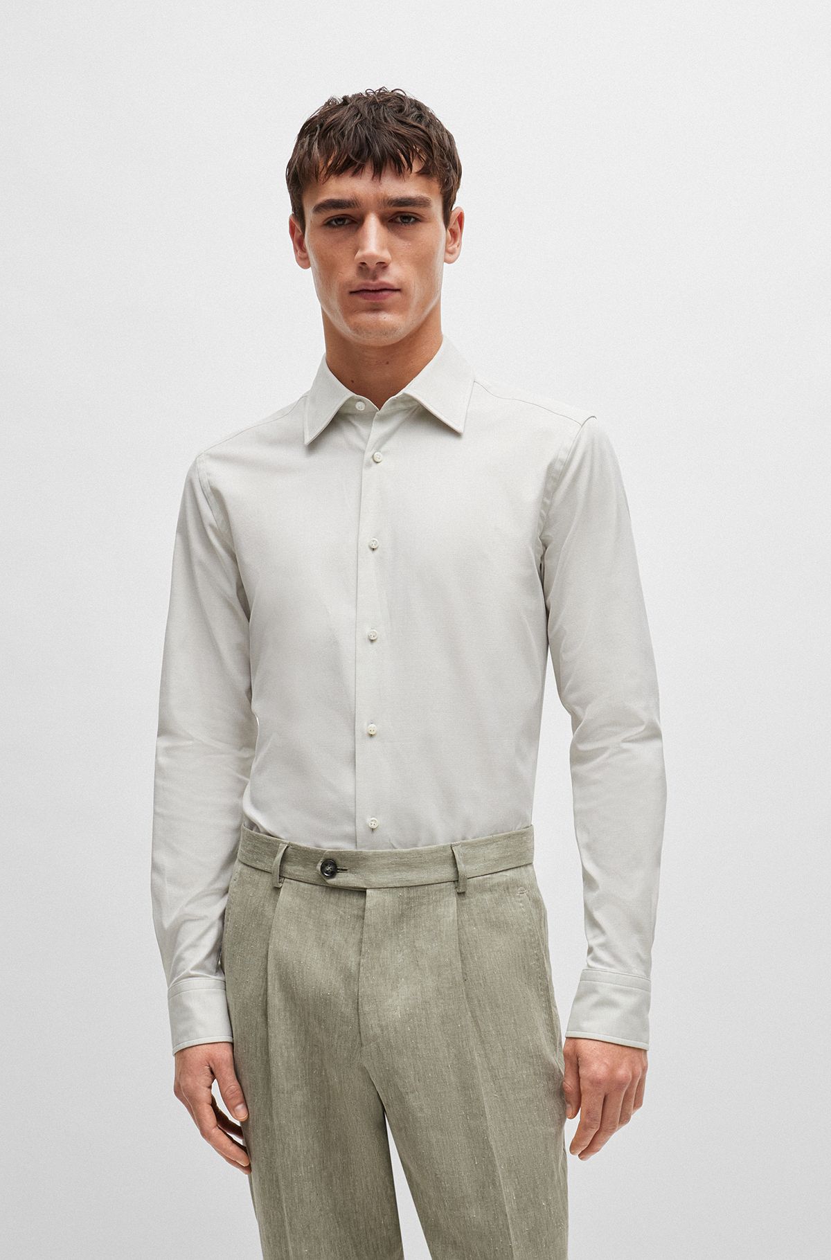 Slim-fit shirt in micro-structured stretch cotton, Natural