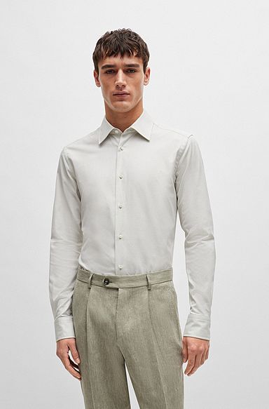 Slim-fit shirt in micro-structured stretch cotton, Natural