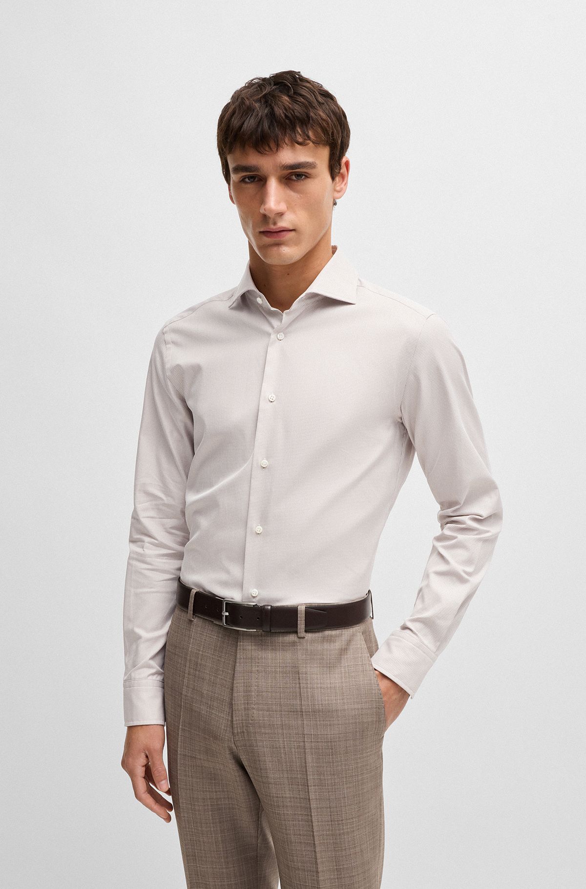 Slim-fit shirt in micro-structured cotton, Beige