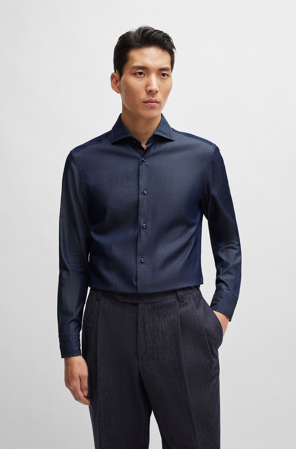 Slim-fit shirt in cotton denim with spread collar, Dark Blue