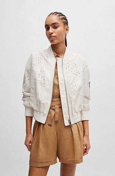 Embroidered bomber jacket with zipped sleeve pocket, Natural