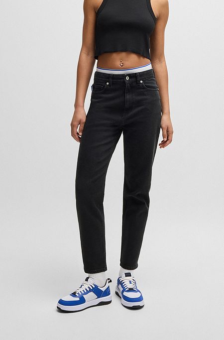 Mom-fit jeans van zwart rinse-washed denim, Zwart