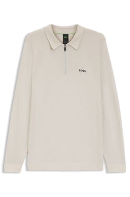 Cotton-blend polo sweater with zipped placket, Light Beige