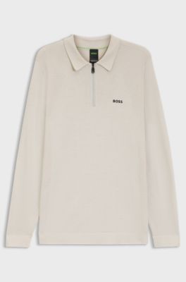 Cotton-blend polo sweater with zipped placket, Light Beige