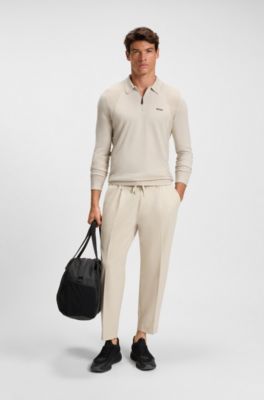 Cotton-blend polo sweater with zipped placket, Light Beige