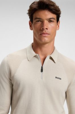 Cotton-blend polo sweater with zipped placket, Light Beige