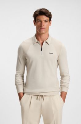 Cotton-blend polo sweater with zipped placket, Light Beige