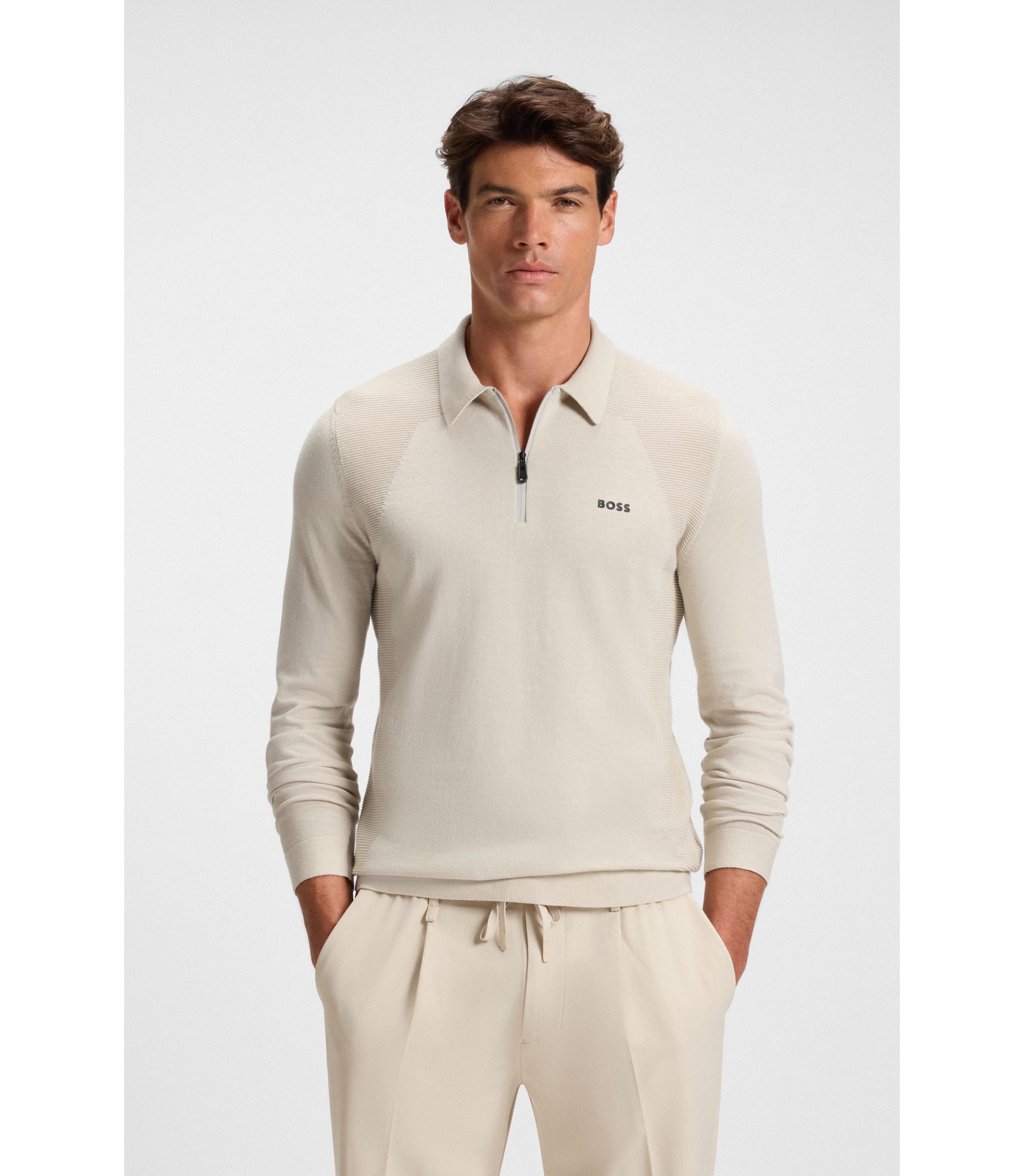 BOSS - Cotton-blend polo sweater with zipped placket - Light Beige