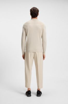 Cotton-blend polo sweater with zipped placket, Light Beige