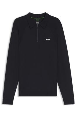 Cotton-blend polo sweater with zipped placket, Dark Blue