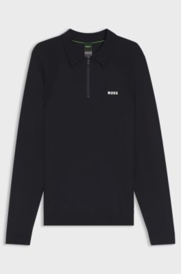 Cotton-blend polo sweater with zipped placket, Dark Blue