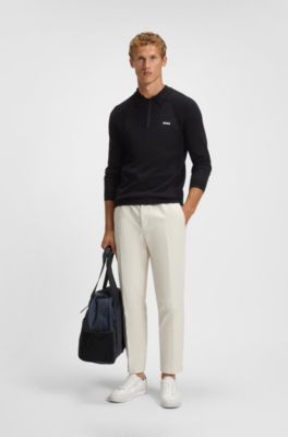 Cotton-blend polo sweater with zipped placket, Dark Blue