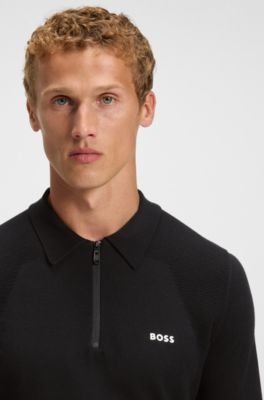 Cotton-blend polo sweater with zipped placket, Dark Blue