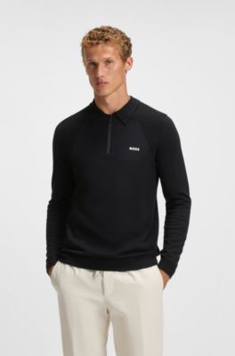 Cotton-blend polo sweater with zipped placket, Dark Blue