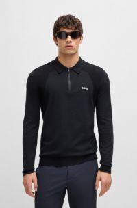 Cotton-blend polo sweater with zipped placket, Dark Blue