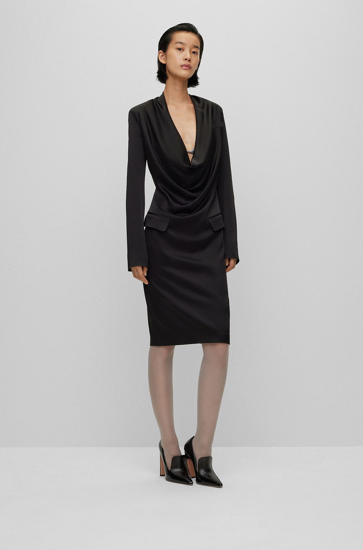 Knee-length cowl-neck dress, Black