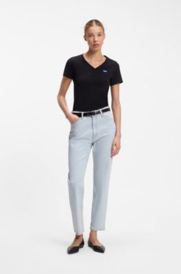 Jeans mom in denim elasticizzato acquamarina, Celeste