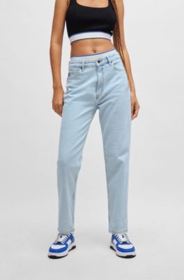 Mom jeans in aqua stretch denim, Light Blue