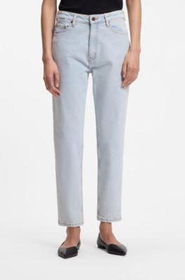 Jeans mom in denim elasticizzato acquamarina, Celeste