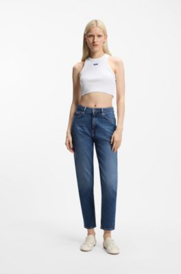 Mom Jeans aus mittelblauem Stretch-Denim, Blau