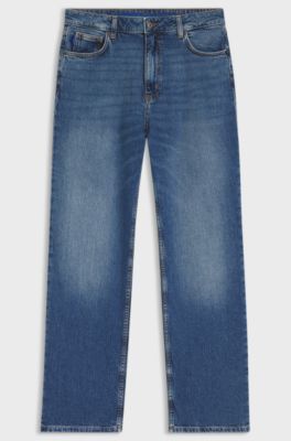 Long-length straight-fit jeans in blue stretch denim, Blue