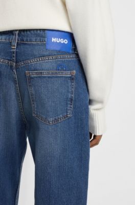 Lange jeans med straight fit i bl&aring; denim med str&aelig;k, Bl&aring;