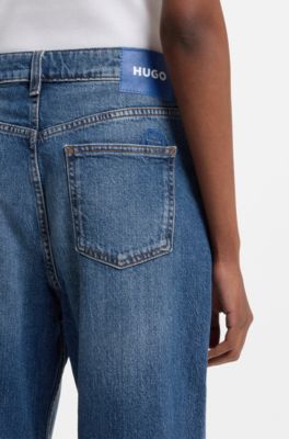 Long-length straight-fit jeans in blue stretch denim, Blue