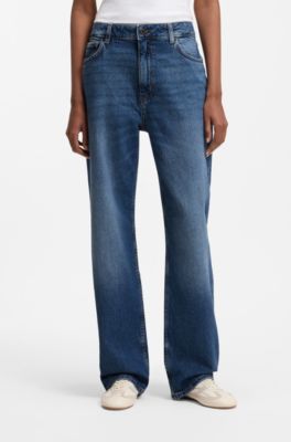Long-length straight-fit jeans in blue stretch denim, Blue