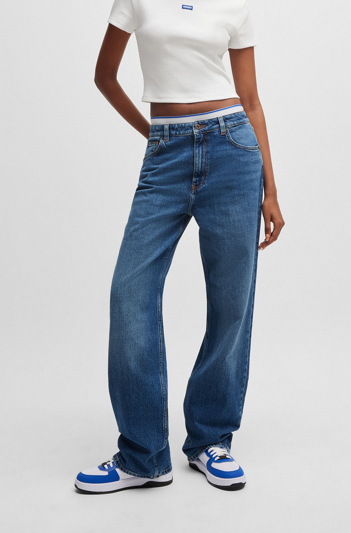 Long-length straight-fit jeans in blue stretch denim, Blue
