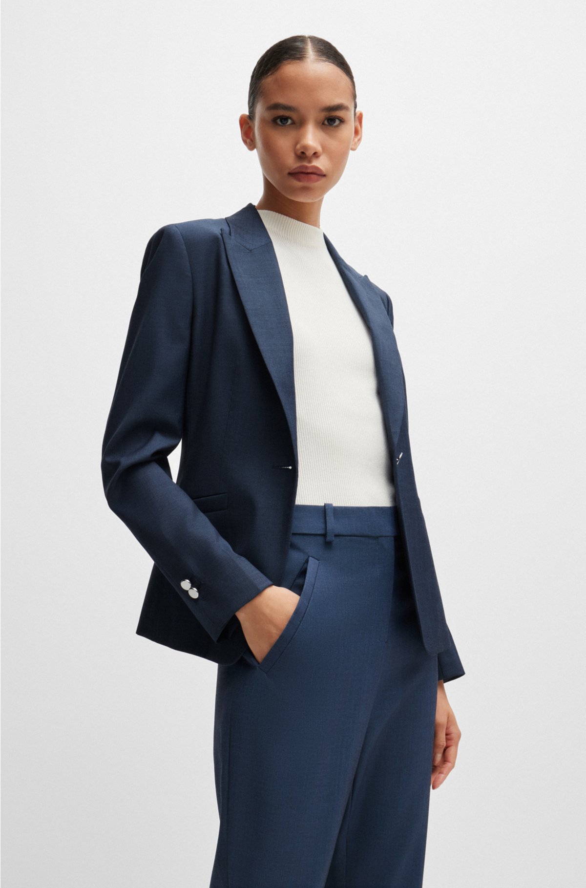Slim-fit jacket in denim-effect virgin-wool twill, Dark Blue
