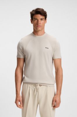 Active cotton-blend  knit T-shirt with mixed structures, Natural