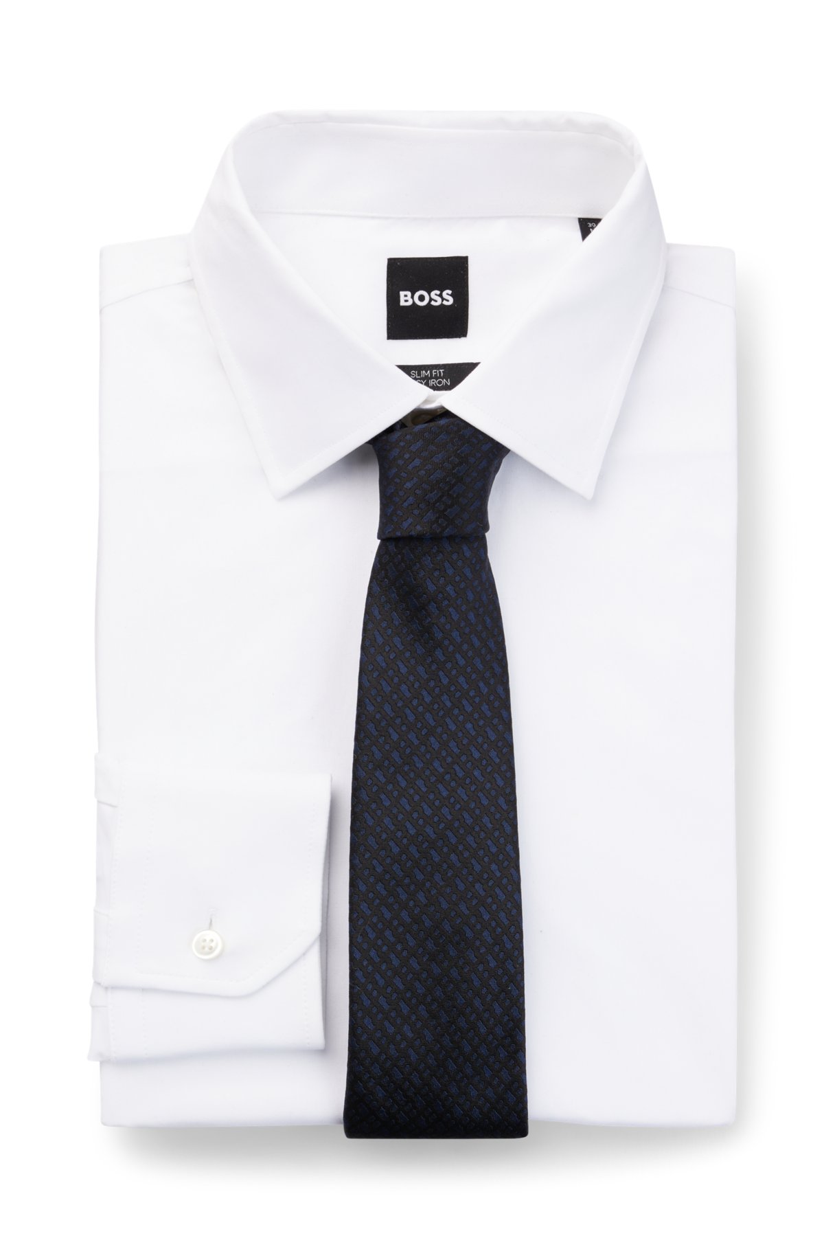 Pure-silk tie with jacquard-woven monograms, Dark Blue