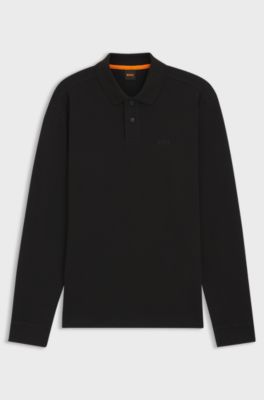 Cotton-blend polo shirt with waffle structure, Black