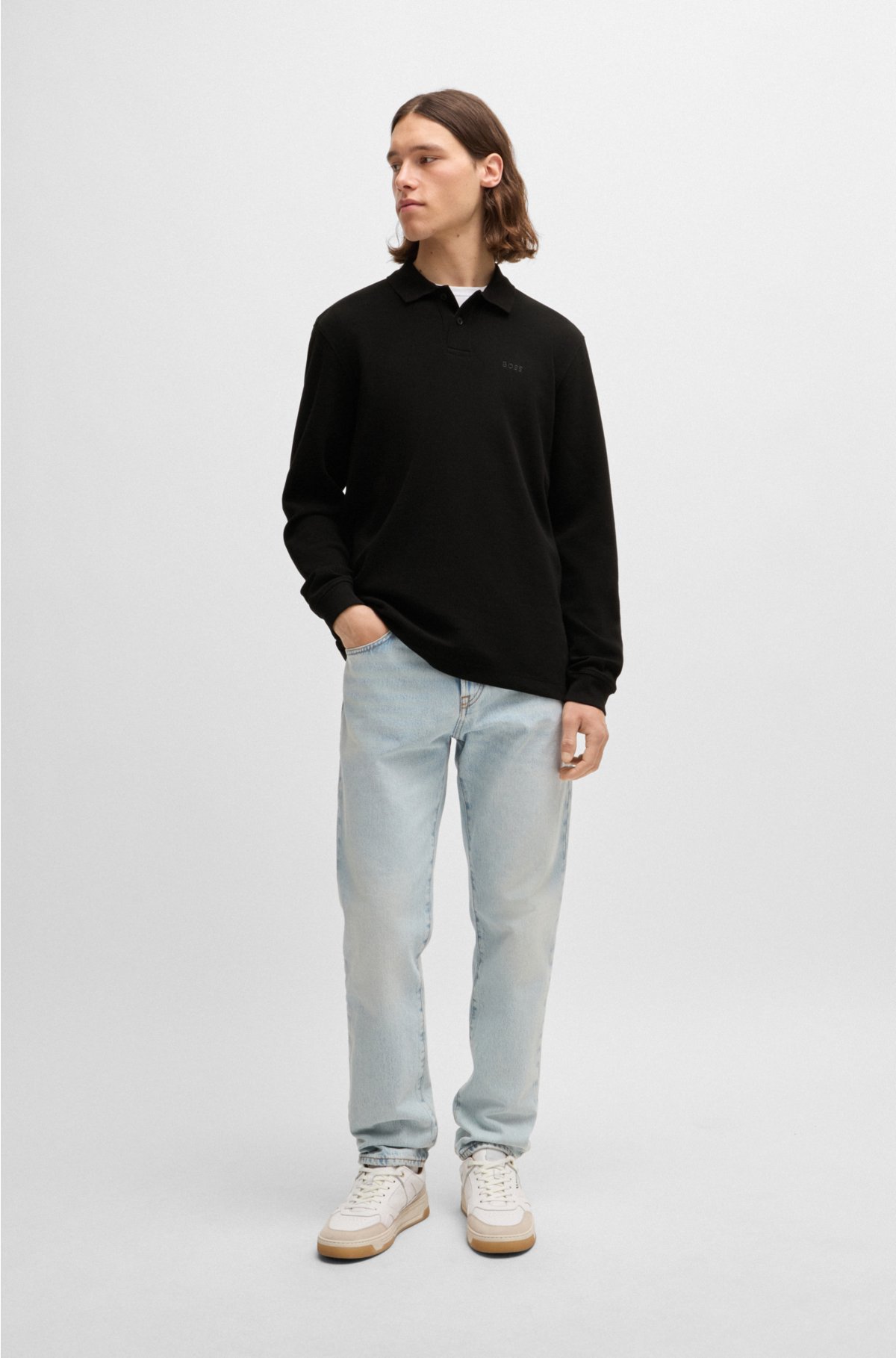Waffle-structured polo shirt in a stretch-cotton blend, Black
