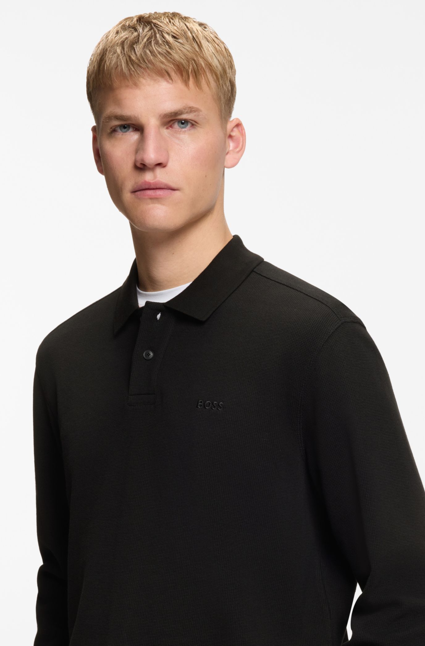Cotton-blend polo shirt with waffle structure, Black