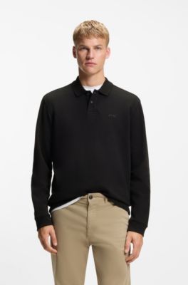 Cotton-blend polo shirt with waffle structure, Black