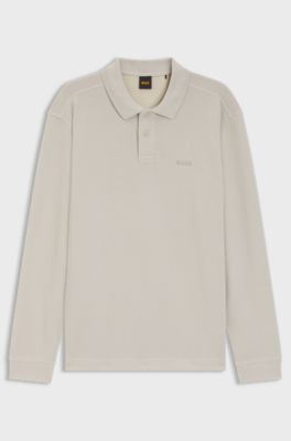 Cotton-blend polo shirt with waffle structure, Light Beige