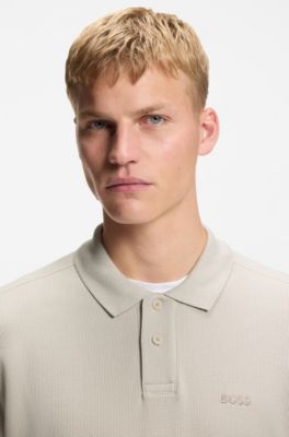 Cotton-blend polo shirt with waffle structure, Light Beige