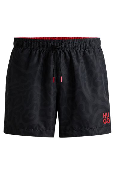 Animal-print swim shorts with stacked logo, Black