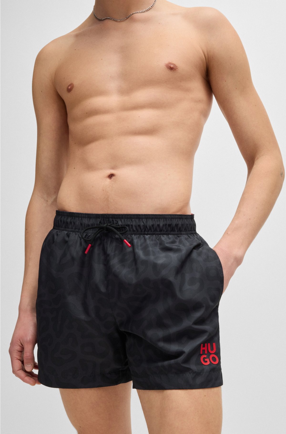 Animal-print swim shorts with stacked logo, Black