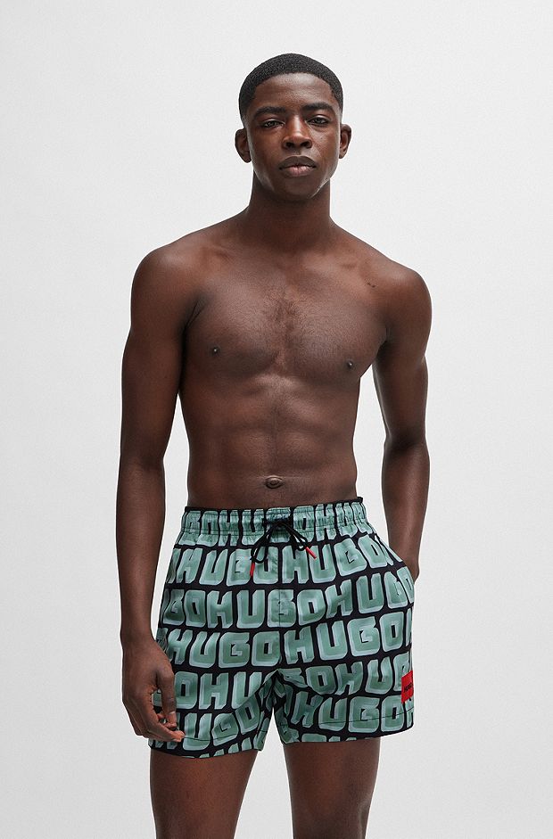 Quick-dry swim shorts with all-over logo print, Light Green